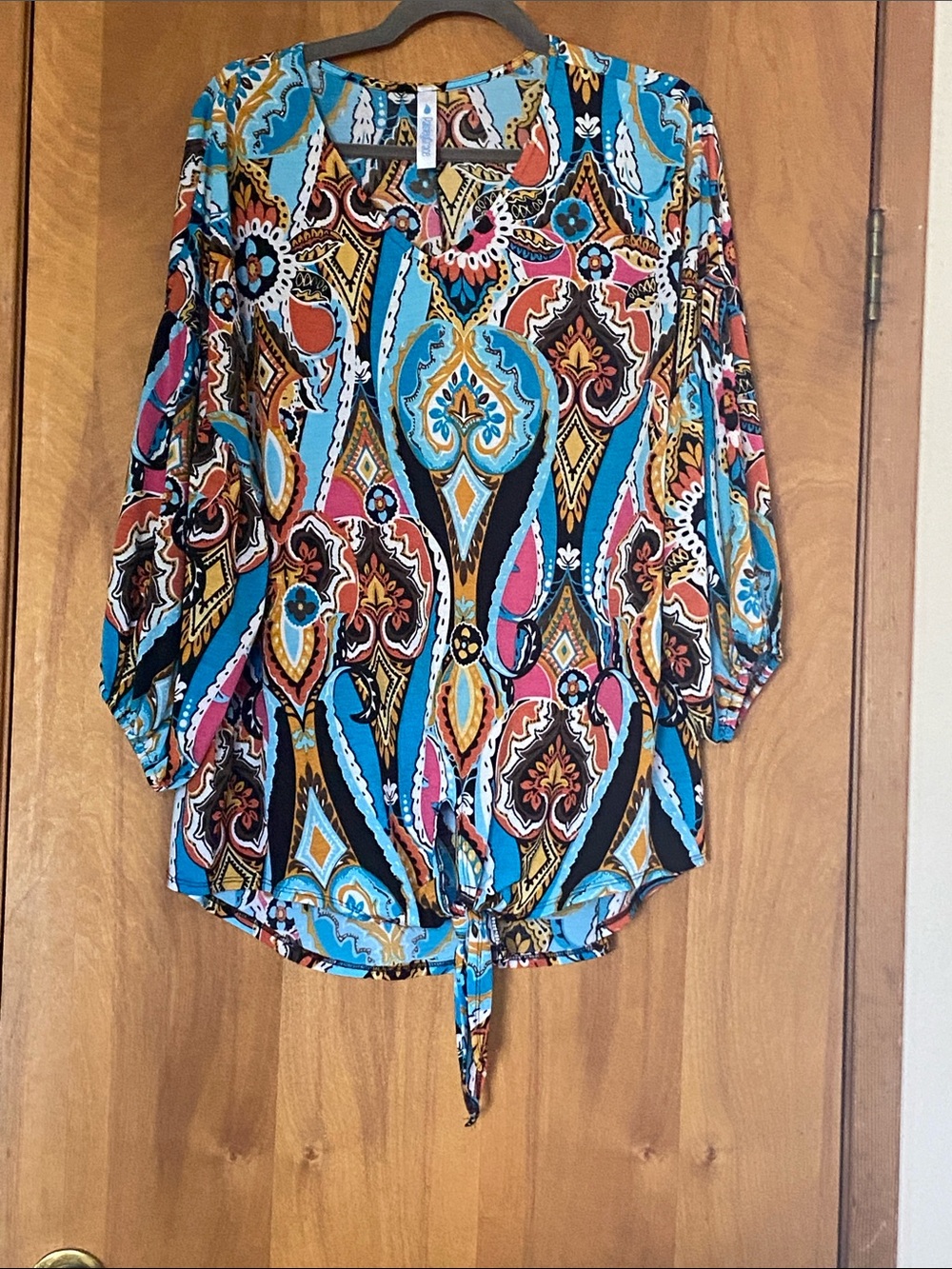 Tie-Front Paisley Tunic Top in Turquoise & Multi